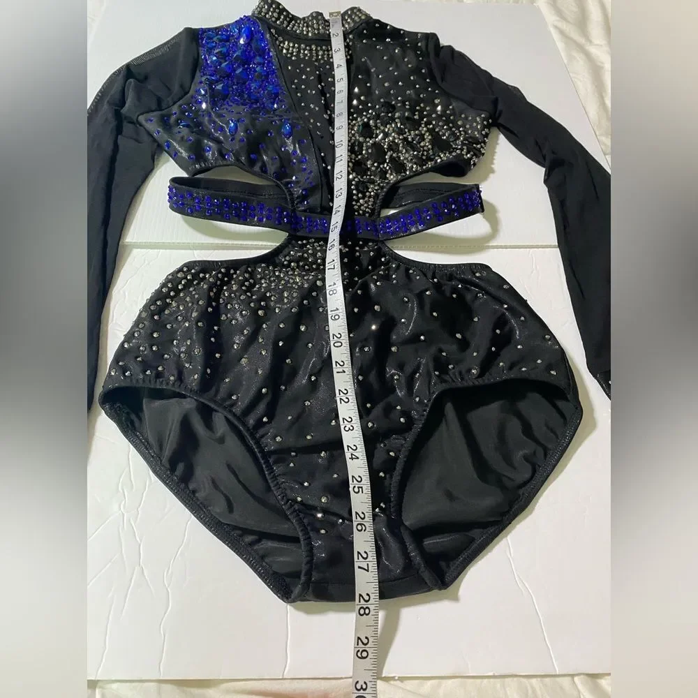 Glamour Adult LA Solo Dance Costume Black Blue Mesh Sleeve Contemporary Jazz